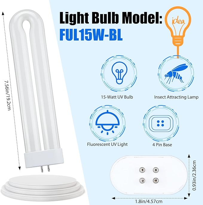 Zapper Light Bug Zapper Replacement Bulbs Insect Attracting Lamp FUL15W BL U Shaped Twin Tube Fluorescent UV Lamp 7.56 x 1.80 x 0.93 inch (White4 Pieces)