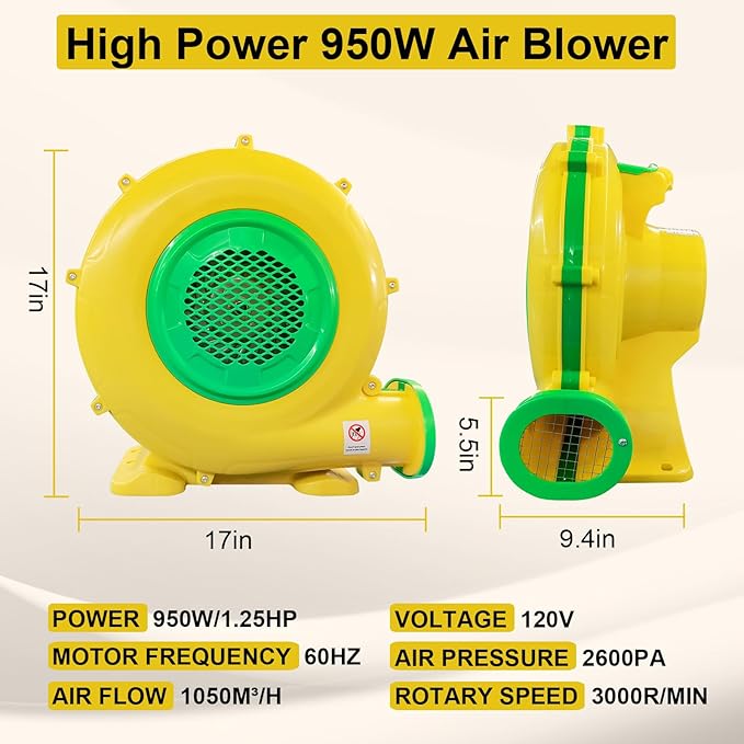 950W+480W High Power Air Blower for Inflatable Spray Booth Inflatable Bounce House Blower Portable Fan Pump Corded Commercial for Bouncy Castle Jumper Water Slide