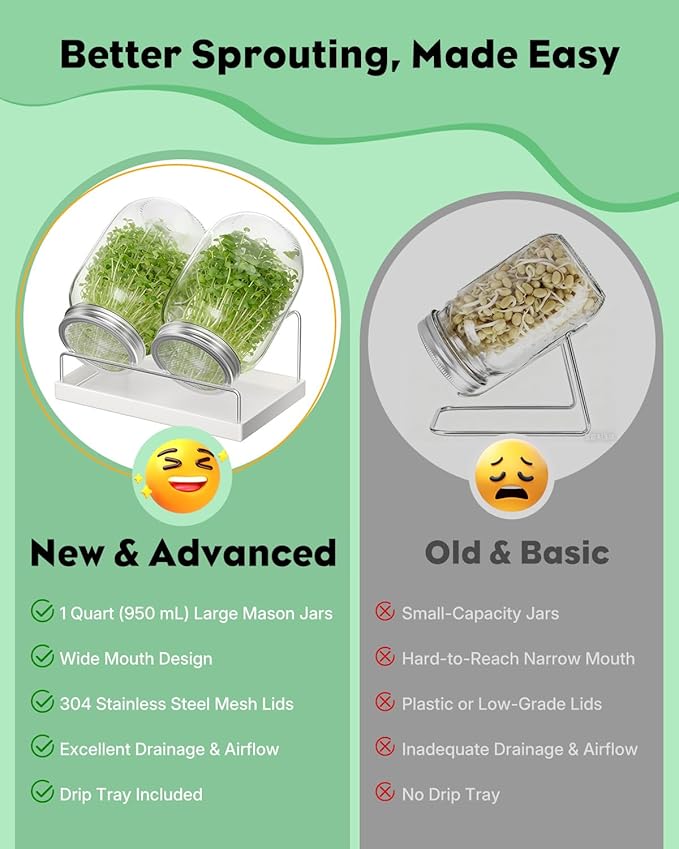Pawfly Sprouting Kit Wide Mouth 1 Quart (1000 mL) Mason Jars Sprouting Jar Kit with Stainless Steel Mesh Sprouting Lids Sprouts Growing Kit Seed Sprouter for Broccoli Mung Bean &amp Alfalfa