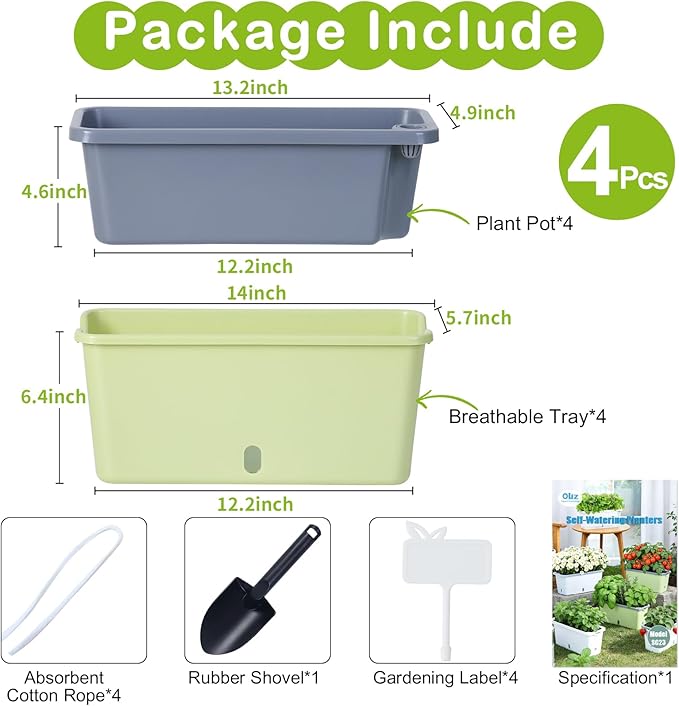 Window Box Planter 4 Packs 14 Inches Rectangle Flower Pots with Breathable Drainage Holes Pots for Vegetables Herbs Flowers Garden Windowsill Balcony (Green &amp Grey)
