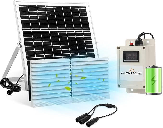SUNYIMA Solar Fan with Battery20W Solar Panel Powered Fan Kit with Waterproof Dual Exhaust Fans and 9.84ft Switch Cable for Chicken Coops Sheds Pet Houses Greenhouse Air Circulation Ventilation