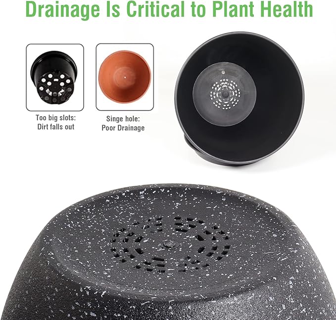 12/10/9 Large Modern Plant Pots Plastic Planters with Drainage Holes and Saucers for Indoor Outdoor Plants Flowers Black Speckles