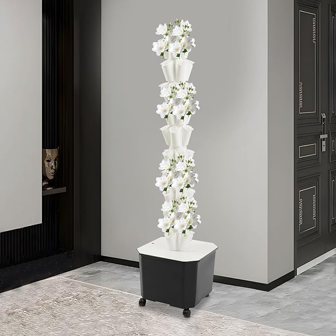 Hydroponics Tower | 10 Layer 50 Plants Indoor Vertical Tower System Kit | Vertical Hydroponic Grow Tower Aeroponic Tower for Herbs | with Pump and 11.89 GAL Water Tank | 4 Wheels | White