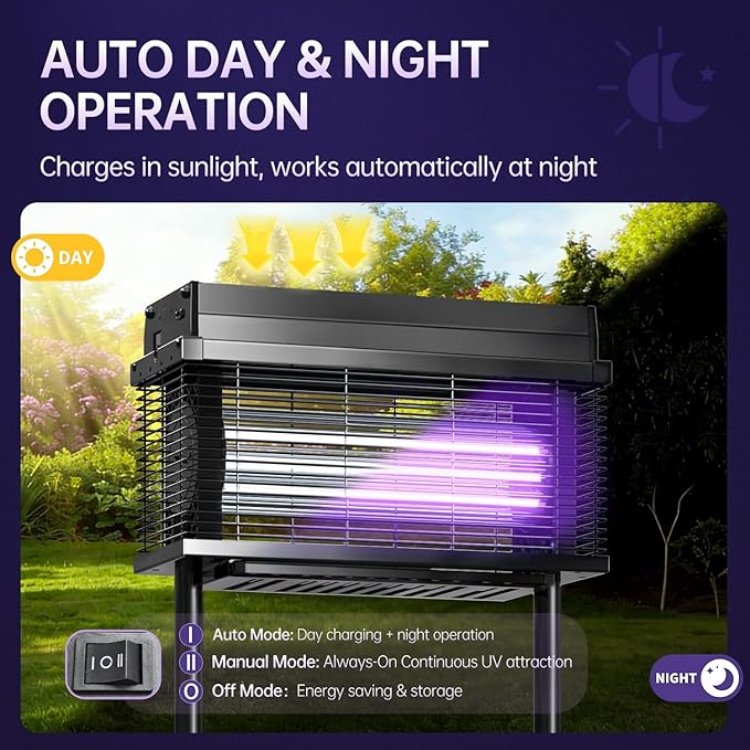 Solar Bug Zapper Outdoor 4000 SQ.FT Mosquito Zapper with Smart Rain Off Rechargeable Mosquito Killer Lamp Wireless Solar Powered Fly Trap for Yard Patio RV Camping (Black)