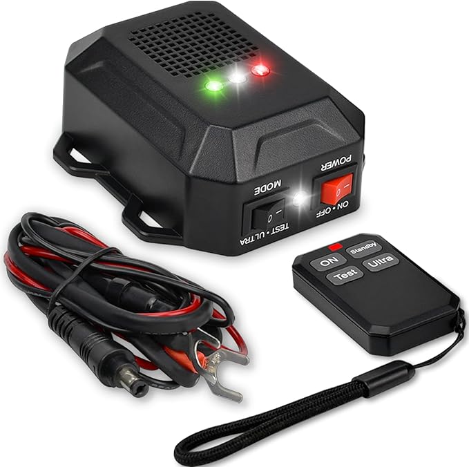 Ultrasonic Rodent Repellent for Car Engines 12V 24V Wired Ultrasonic Mouse and Rat Deterrent with LED Strobe Lights and Remote Control – Under Hood Animal Repeller for Cars Trucks RVs Vehicles