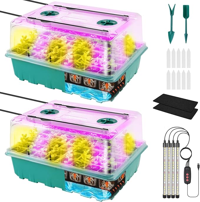 96 Cell Seed Starter Tray with Grow Light Seed Starting Trays with Adjustable Humidity Dome Seed Starter Kit Plant Starter Kit for Seeds Growing Starting Indoor Gardening (Self-Watering)