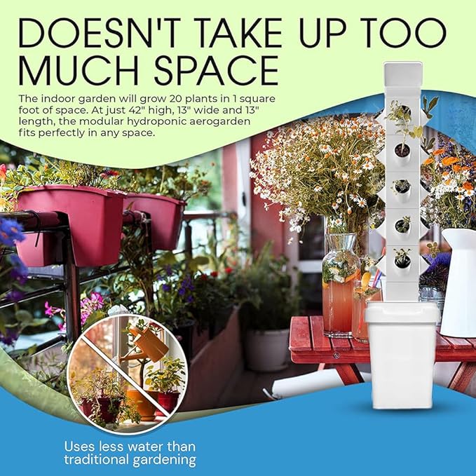 Hydroponics Growing System 24 Pods Vertical Hydroponics Tower Smart Garden Planter Germination Kit Aeroponics Growing Kit with Hydrating Pump Adapter Net Pots T