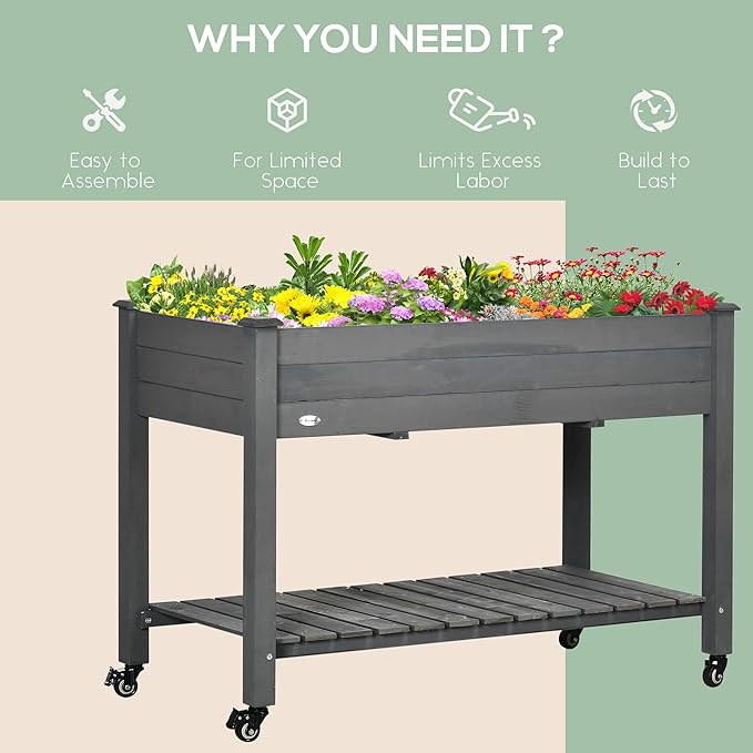Raised Garden Bed 47 x 22 x 33 Elevated Wooden Planter Box with Lockable Wheels Storage Shelf and Bed Liner for Backyard Patio Dark Gray