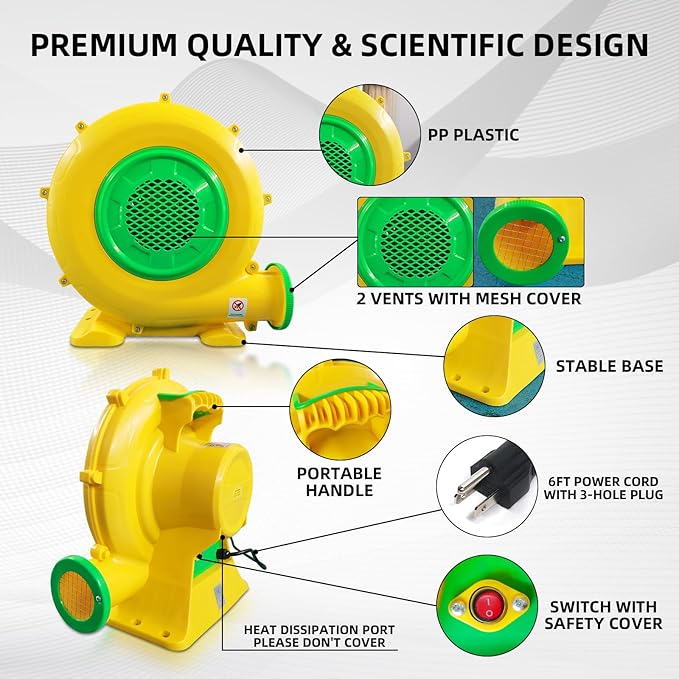 1100Watt/1.5HP High Power Air Blower for Large Inflatables GONFLABLE Inflatable Bounce House Blower Portable Fan Pump Leaf Blower Corded Commercial for Bouncy Castle Jumper Water Slide
