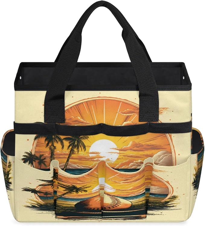 Sunset Coconut Volleyball Garden Tool Bag Waterproof Garden Tool Storage Bag Heavy Duty Oxford Gardening Tool Bag with Handle &amp 10 Pockets for Men Women Outdoor Garden Lawn Yard