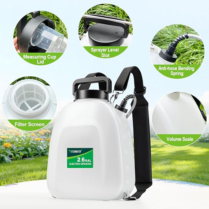 VAXMAY Battery Powered Sprayer 2.6 Gallon Backpack Sprayer with 3 Adjustable Forces Battery Indicator 5 Mist Nozzles 41 Retractable Wand USB Rechargeable Garden Sprayer for Weed Lawn Yard