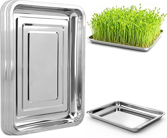 10-Pack 16 Inch Stainless Steel Growing Trays Heavy-Duty Metal Sprouting Tray for Plants Stainless Steel Plant Germination Trays for Hydroponics Transplanting (Silver)