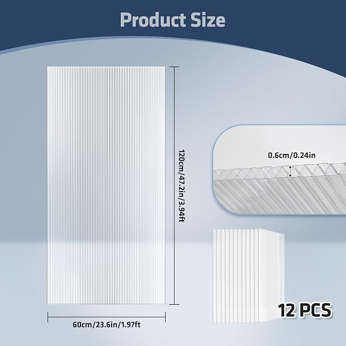 UMIG 12 PCS 4' x 2' x 0.24'' Polycarbonate Greenhouse Panels Twin-Wall Waterproof UV Protected Corrugated Plastic Roof Panels Sheets Clear Replacement Panels for Greenhouse Outdoor Plant