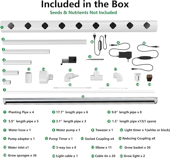 NFT Hydroponic Growing System Kit - Full-Spectrum Grow Lights ＆ Timer | 36 Plant Sites | Food-Grade PVC-U Pipes | Auto Water Pump &amp Timer | Indoor Gardening for Leafy Greens Lettuce &amp Herbs