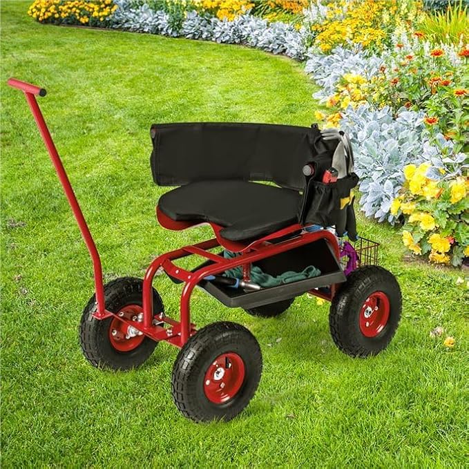 ERGOMASTER Garden Seat with Wheels Outdoor Gardening Wagon Scooter 2 Steering Handles 360° Swivel Workseat &amp Tool Storage Use for Patio Yard Lawn Red