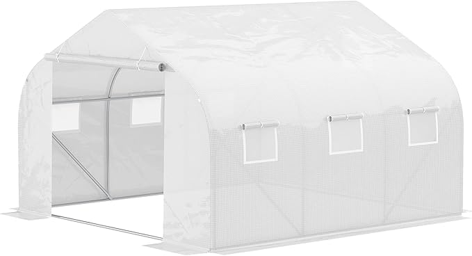 Outsunny 11.5' x 10' x 6.5' Outdoor Walk-in Greenhouse Tunnel Green House with Roll-up Windows Zippered Door PE Cover Heavy Duty Steel Frame White
