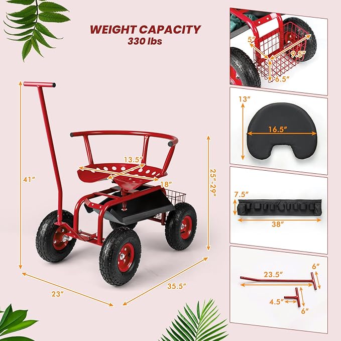 Garden Cart on Wheels 360° Swivel Rolling Outdoor Workseat with Washable Cushion &amp Dual Handles Height Adjustable Garden Stool for Patio Yard (Red)