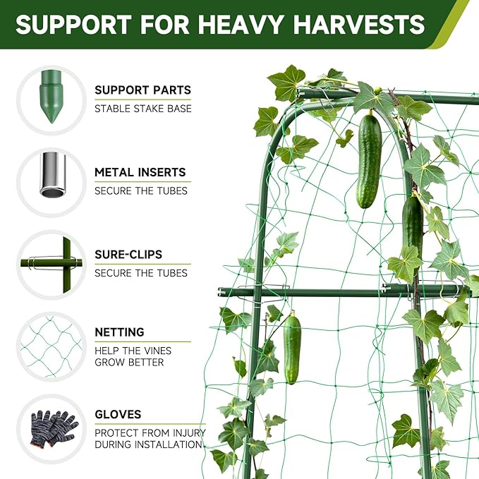 HIRALIY Cucumber Trellis for Climbing Plants Outdoor 5.25ft Tall Heavy Duty Metal Garden Arch Trellis Rustproof Plant Support Tunnel for Tomato Grape Bean Raised Bed and Vegetable Gardens Green