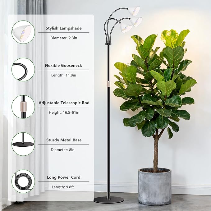 Wolezek Grow Lights for Indoor Plants with Stand 3-Head 78 LEDs Full Spectrum Floor Plant Grow Lamp for Large Plants Auto On/Off Timer 6/12/16H 5 Dimmable Levels Adjustable Height 16.5-61