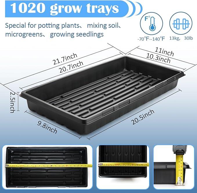 10-Pack Heavy-Duty 1020 Seed Trays – Durable Extra-Thick Plastic Flats for Seed Starting Microgreens &amp Transplanting – Fits 7.3'' Humidity Dome and 4'' Planter (21 x 11 2.76 Deep No Drain H