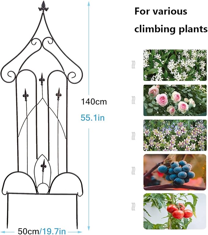 Iron Garden Trellis Climbing Frame 140cm×50cm Outdoor Fence Plant Support Stake for Outdoor Garden Terrace Balcony Flower Bed