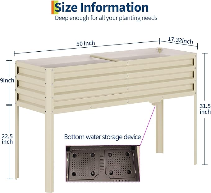 Galvanized Raised Garden Bed with Legs&ampWater Storage - 50×32×17 in Metal Planter Box Outdoor Raised Garden Beds Gardening Durable Planter Raised Beds Sturdy Planters for Outdoor Plants (Beige)