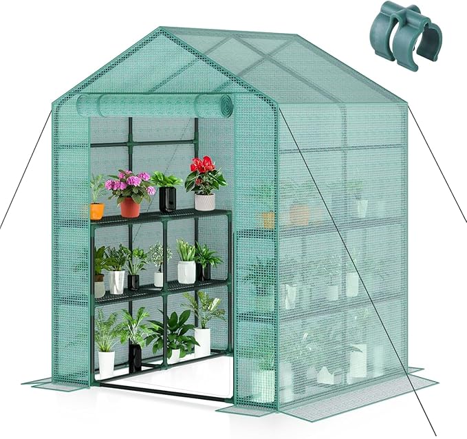 Greenhouse 57 x 57 x 76'' Greenhouses Plant Tent for Outdoors Durable Grow Kit with Window Thicken PE Cover 3 Tiers 8 Shelves Heavy Duty Walk in Green Houses for Indoor Backyard Outside