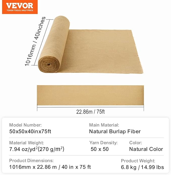 VEVOR Burlap Fabric Roll 40” x 75 ft &amp 45 x 45 High Density Wide Natural Burlap Fabric Rolls Jute Fabric Burlap Tree Wrap Roll for Decor Crafts Wedding Gardening Plant &amp Tree Winter Cov