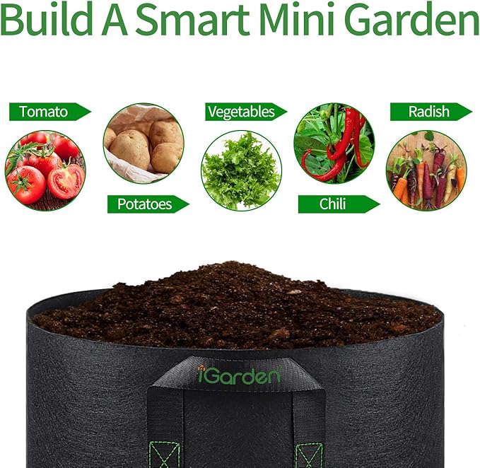 iGarden Grow Bags Tall 10 Gallon Grow Pots 6 Pack with Handles Heavy Duty 320G Thickened Nonwoven Fabric Plant Bag for Vegetables Black