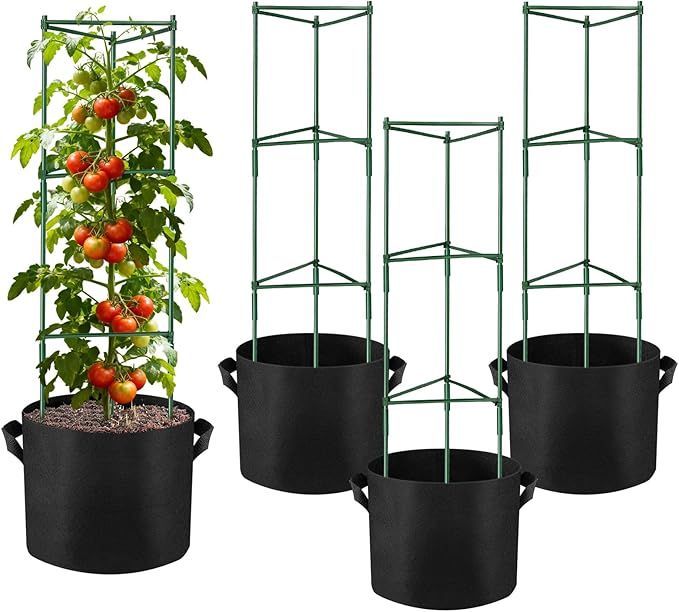 NNG 4 Packs 48 inches Tomato Cages with 10 Gallon Grow BagsGarden Plant Support CagesPlant Tower Stakes Garden Trellis for Climbing PlantsTomato Plant Trellis for Vegetable Fruits Vines (4 Green)