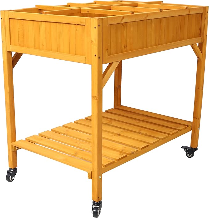 8 Pocket Herb Garden Bed Mobile Raised Customizable Wood Planter for Herbs Vegetables Flowers with Lockable Wheels Storage Shelf Drainage Holes (Wheels)