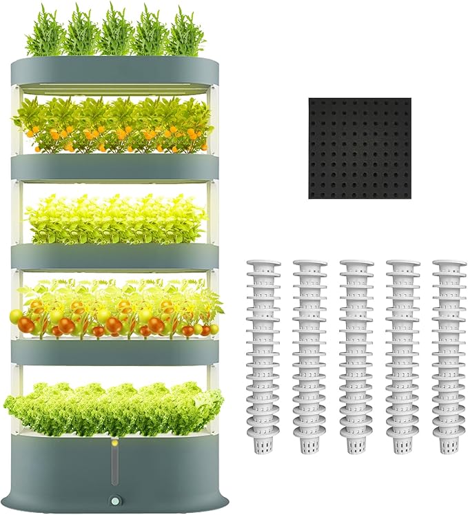 Lyfreen 5-Tier Smart Hydroponics Growing System Kit with LED Grow Light Hydroponic Tower for 80 Plants Self-Watering Indoor Herb Garden for Herbs Vegetables Salad Greens 40L Water Tank