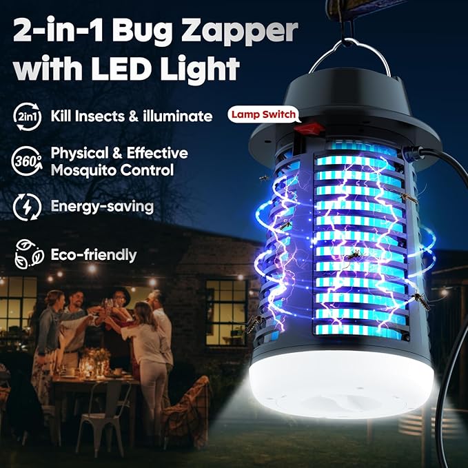 Bug Zapper Mosquito Zapper with LED Light Bug Zapper Outdoor Indoor- 4200V Electric Fly Trap with 5.9ft Cable Fly Zapper Indoor Mosquito Repellent Outdoor Patio and Backyard Home Camping