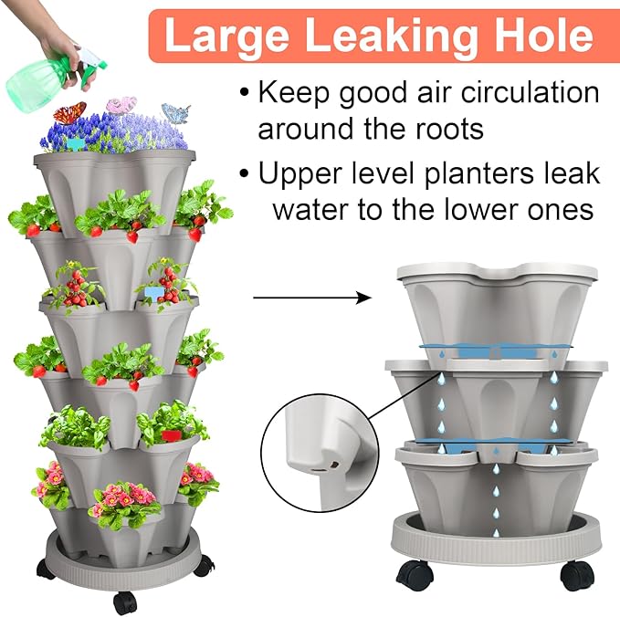 GameXcel Vertical Planter 6 Tier Stackable Strawberry Planter with Garden Tool Set Movable Indoor/Outdoor Garden Herb Pot for Growing Vegetables and Succulents Gray