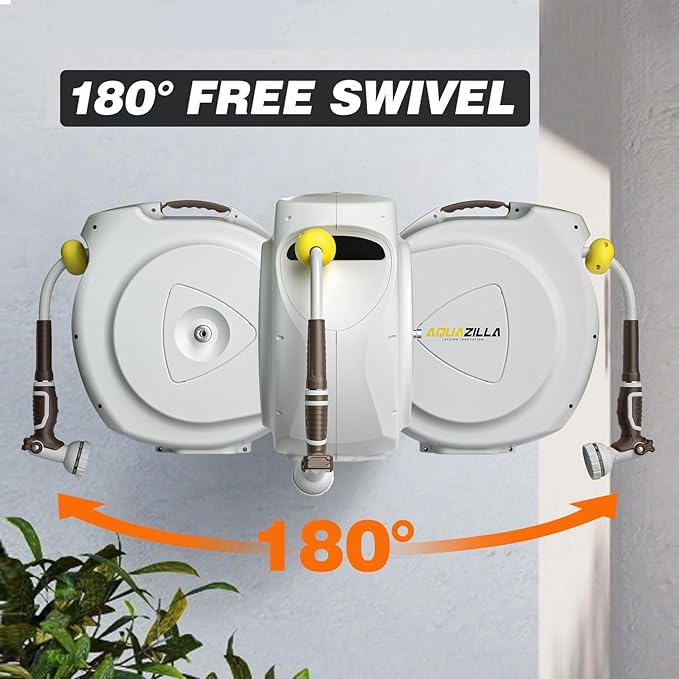 Retractable Garden Hose Reel 1/2 in 75+6ft Heavy Duty Wall Mounted Water Hose Reel Spring power Automatic Rewind Any Length Lock 180° Swivel Bracket 10 Pattern Spray Nozzle