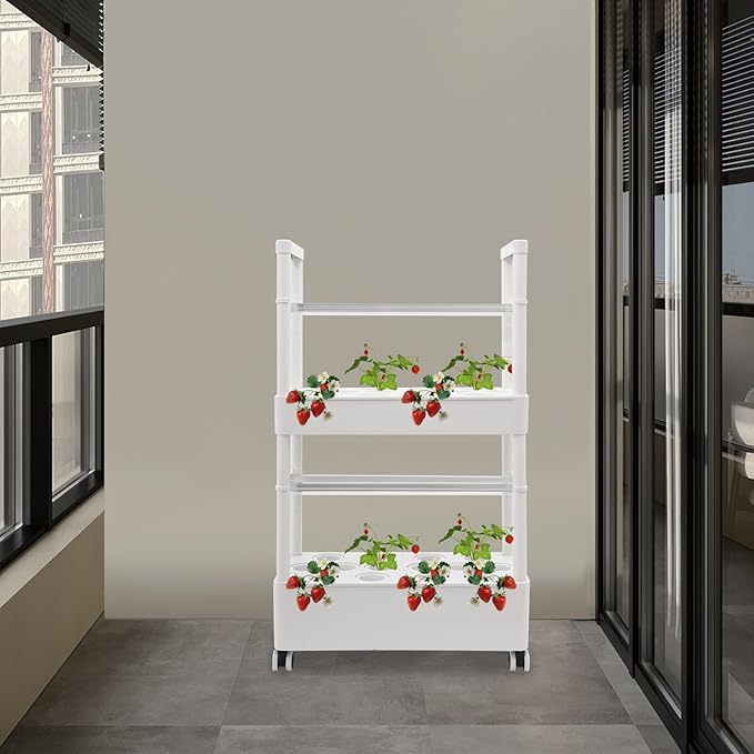 Hydroponics System with Grow Lights - 28 Hole Indoor Garden Kit 2-Tier All-in-One with Water Pump &amp Wheels for Offices Living Rooms Kitchens