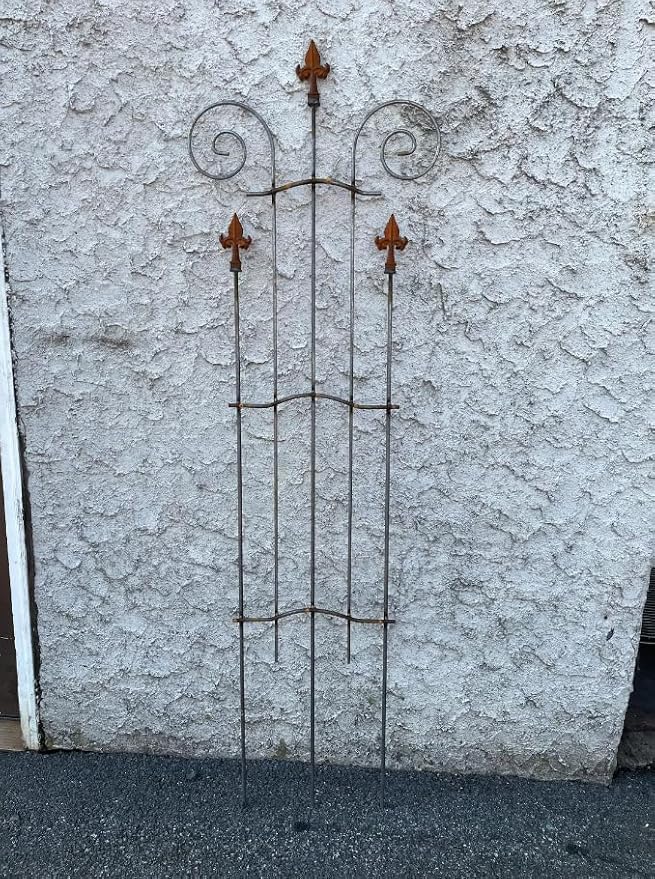 Rustic Wrought Iron Garden Trellis – Decorative Climbing Vine Support with Finial Top – Heavy-Duty Uncoated Metal for Natural Patina – Handcrafted Vertical Plant Frame for Outdoor Landscaping (52)