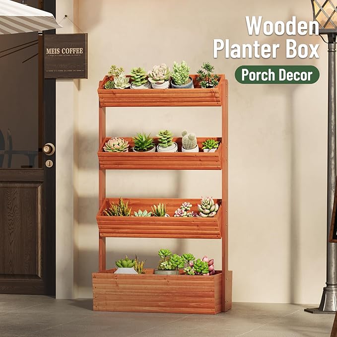 Vertical Wooden Raised Garden Bed Garden Planters Freestanding Wood Plant Stand Flower Rack Wooden Planter Box for Plants Herbs Flowers Vegetables Outdoor Indoor Gardening (4-Tier Brown)