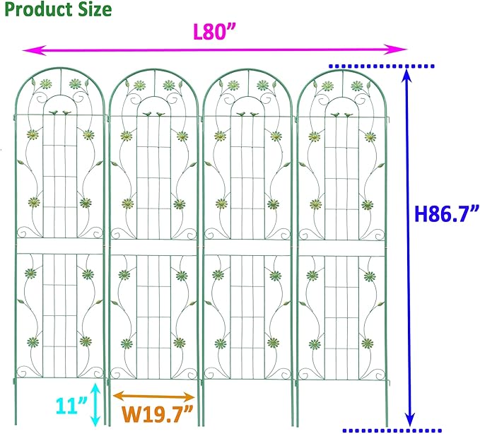 4 Pack Metal Garden Trellis 86.7 x 19.7 Rustproof Trellis for Climbing Plants Outdoor Flower Support Green