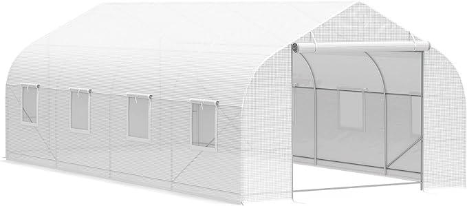 Outsunny 20' x 10' x 7' Tunnel Greenhouse Large Walk-in Warm House Deluxe High GardenHot House with 8 Roll Up Windows &amp Roll Up Door Steel Frame White
