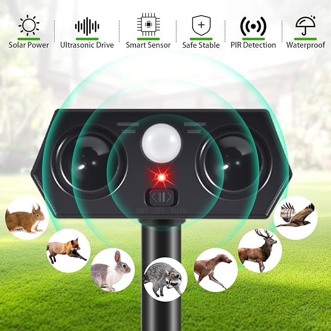 Solar Ultrasonic Animal Repellent Outdoor Deer Cat &amp Rabbit Deterrent with PIR Sensor Squirrel Raccoon Skunk &amp Dog Repeller for Yard Armadillos Scare Devices for Lawn (4 Pack)