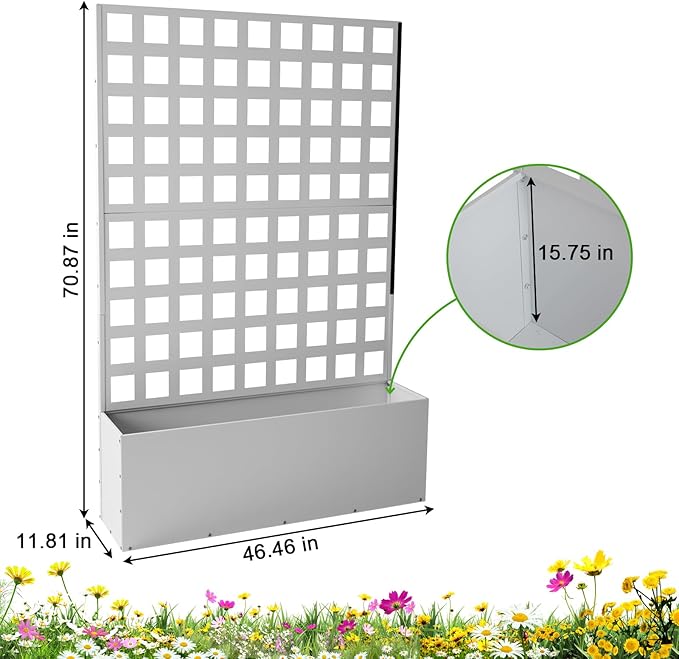 Metal Planter Box with Trellis Raised Garden Bed with Trellis 71x47x12 Planter Box with Privacy Screen and Drainage Holes for Climbing Plants Flower Privacy Planters for Patio White