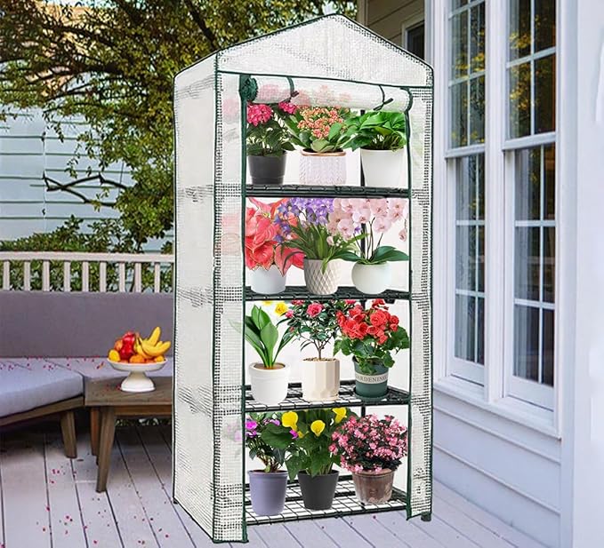 4-Tier Mini Greenhouse Green House for Flower Indoor Outdoor Portable Plant Outdoor Cage with Heavy Duty PVC Clear Cover &amp Steel FrameGreenhouse for Seed Starting MushroomVegetables