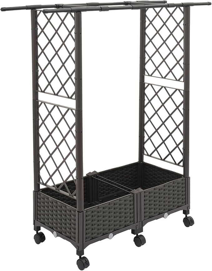 Grid-Patterned Flower Box with WheelsRaised Garden Bed Planter with TrellisOutdoor Planter Garden Box for Backyard Balcony Patio