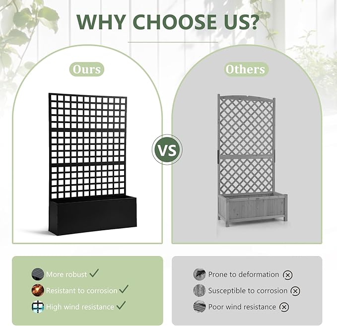 Metal Privacy Planter Box with Trellis Raised Garden Bed Privacy Screen with Drainage Holes Outdoor Metal Planter Box for Climbing Plants Patio &amp Garden 70 x 46 x 12 Black (1)