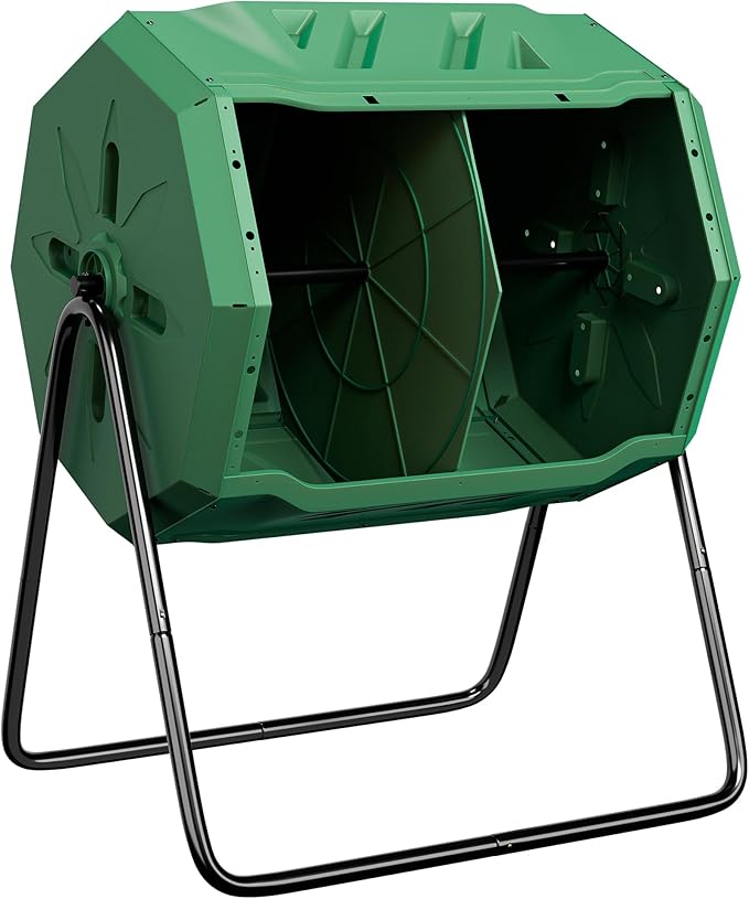 JupiterForce Outdoor Dual Chamber Compost Tumbler 43 Gallon Large Compost Bin Outdoor 360° Rotating Tumbling Composter with 2 Sliding Doors for Kitchen Garden and Yard Waste Green (BPA Free)