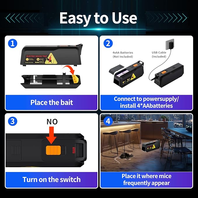 2 Pack Electronic Mouse Trap Effective Electric Mouse Trap Zapper with Pet-Safe Design and No-Touch Disposal High-Power Indoor Rodent and Mice Trap for Home Kitchen Garage Attic(Black)