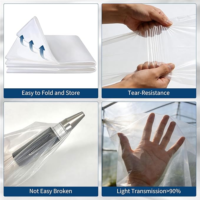 6 Mil Greenhouse Plastic Sheeting Heavy Duty Winter Greenhouse Cover Thickness Transparent Clear LDPE Polyethylene Film for Plants Farms Agriculture Garden Waterproof Sunlight Protection