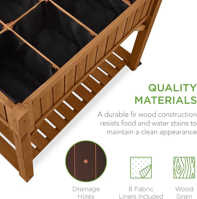 Best Choice Products Elevated 8 Pocket Herb Garden Bed Mobile Raised Customizable Wood Planter for Herbs Vegetables Flowers w/Lockable Wheels Storage Shelf Drainage Holes - Acorn Brown