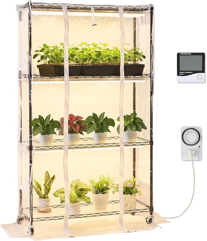 VEVOR Indoor Greenhouse with Grow Light 59 in Tall 4-Tier Plant Stand with Clear Cover Timer &amp Hygrometer 180W Full Spectrum Grow Lights Metal Lighted Plants Shelf Holder for Indoor Plants